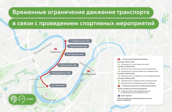 Перекрытие дорог в Москве с 4 по 6 сентября: ряд центральных улиц и набережных будет недоступен для проезда
