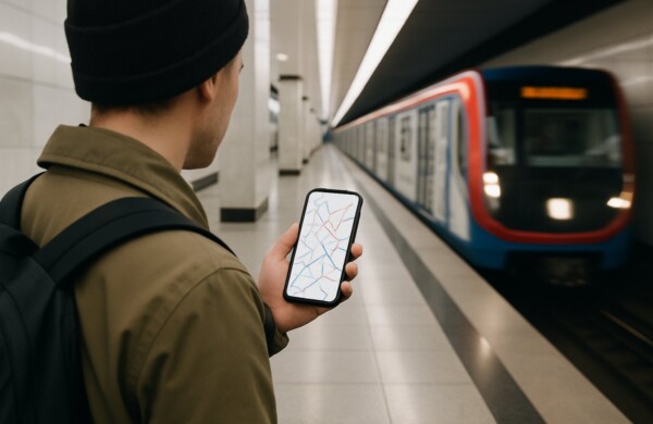 Пассажир со смартфоном на станции метро